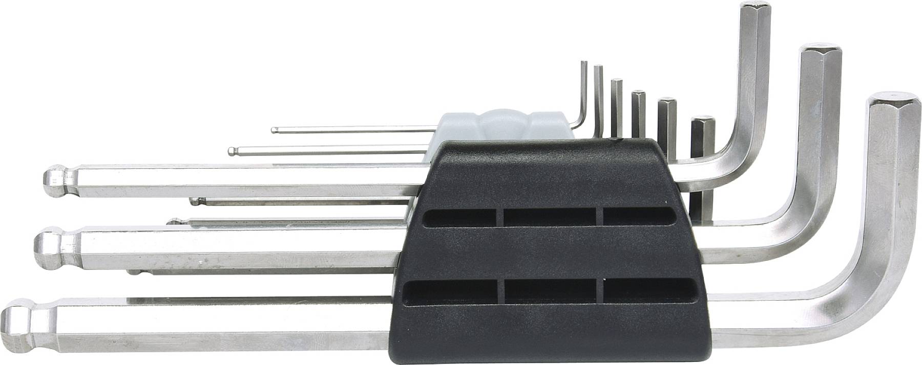 A set of nine Allen keys in various sizes, arranged in a black holder, shown from the side.