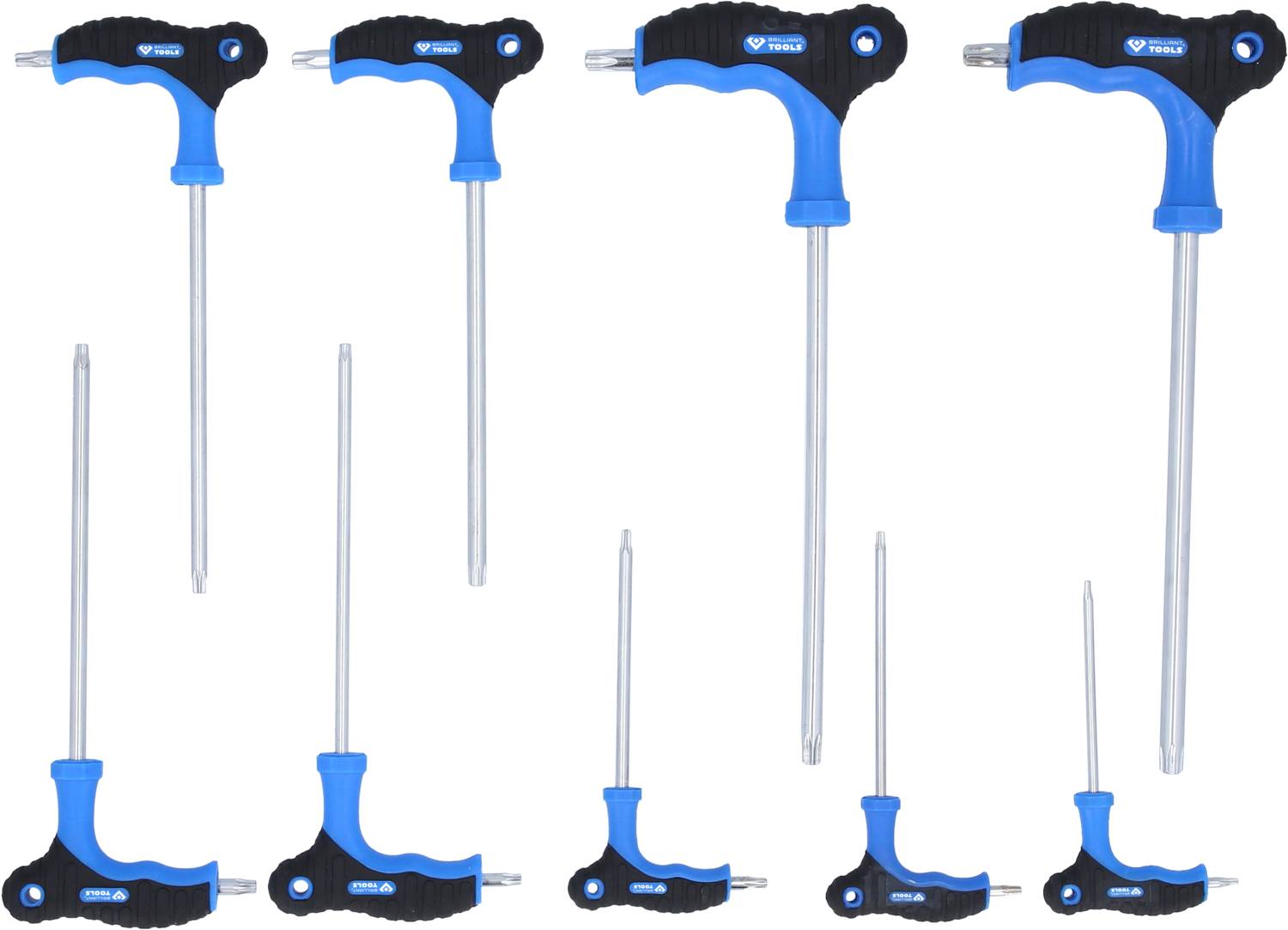 Eight T-handle keys in various sizes, blue and black. Primary tool for screw work, evenly arranged.