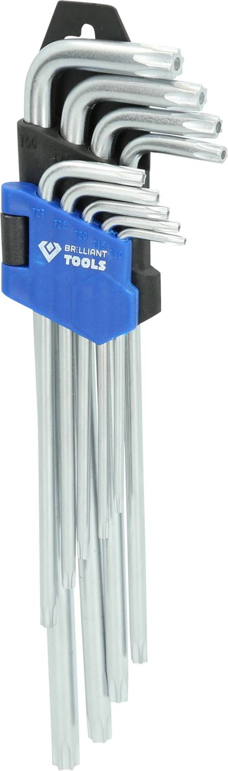 A set of sixteen silver L-shaped socket keys of various sizes, secured in a blue plastic holder.
