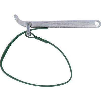 A metal tool with a long handle and green strap, possibly used for loosening round objects such as lids or pipes.
