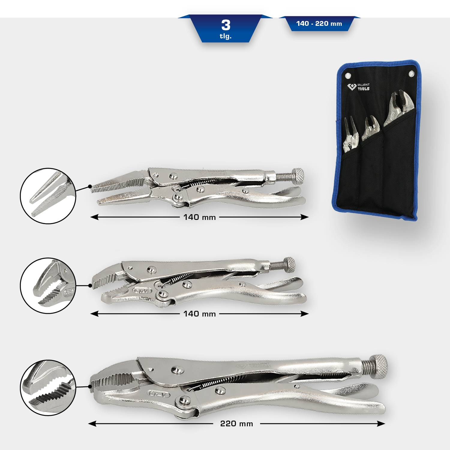 Three-piece set of locking pliers with lengths ranging from 140 mm to 220 mm. Includes a carry pouch for storage.