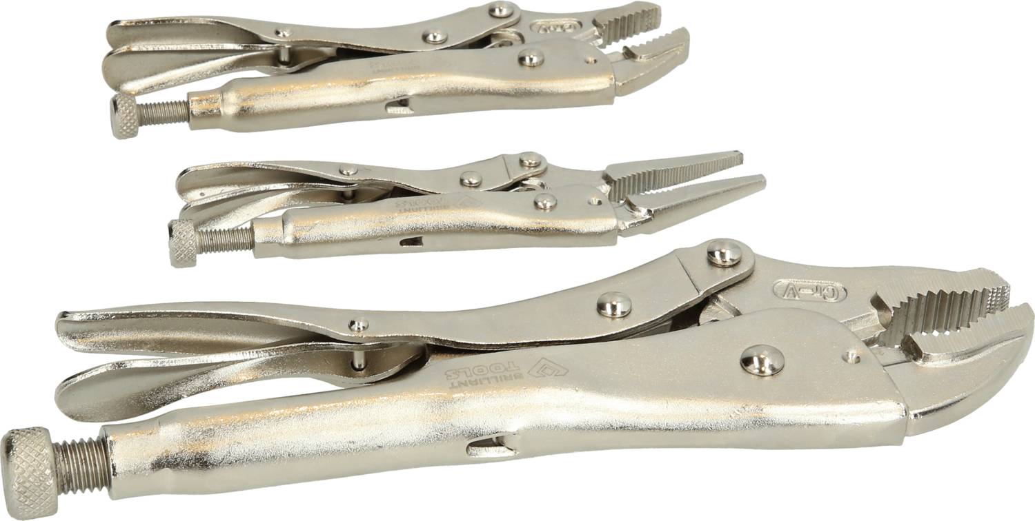 Three metal locking pliers of different sizes. Each pair of pliers has a screw for adjusting tension and serrated gripping jaws.