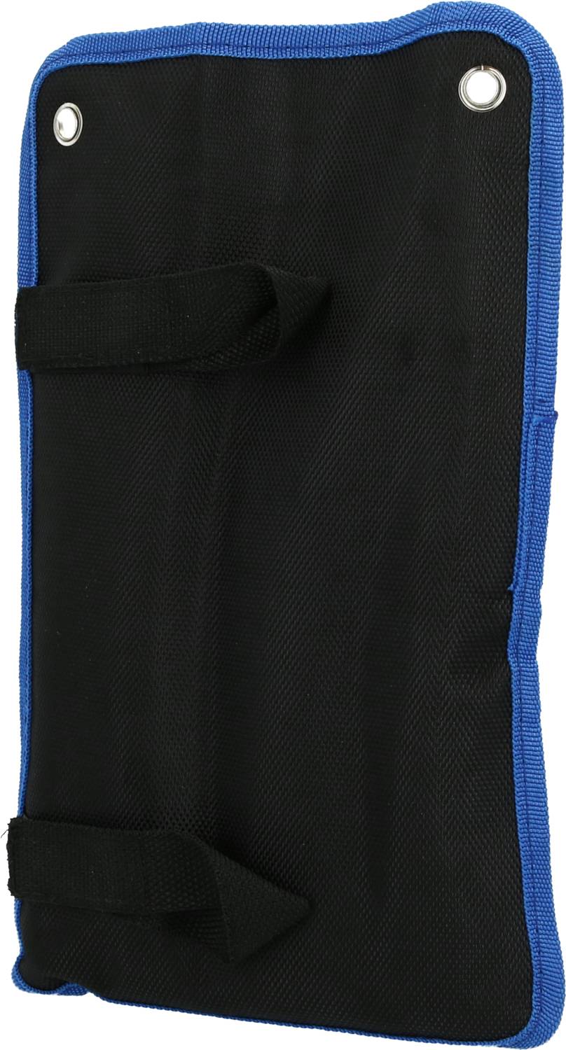 Black striking pad with blue edging and two handles, used for martial arts training exercises.