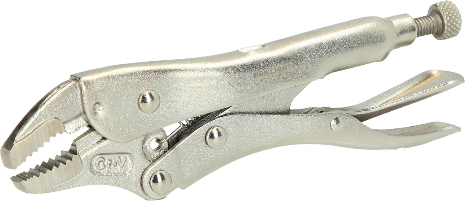 Metal locking pliers with galvanised handle and curved jaw design for secure grip during manual craftsmanship.