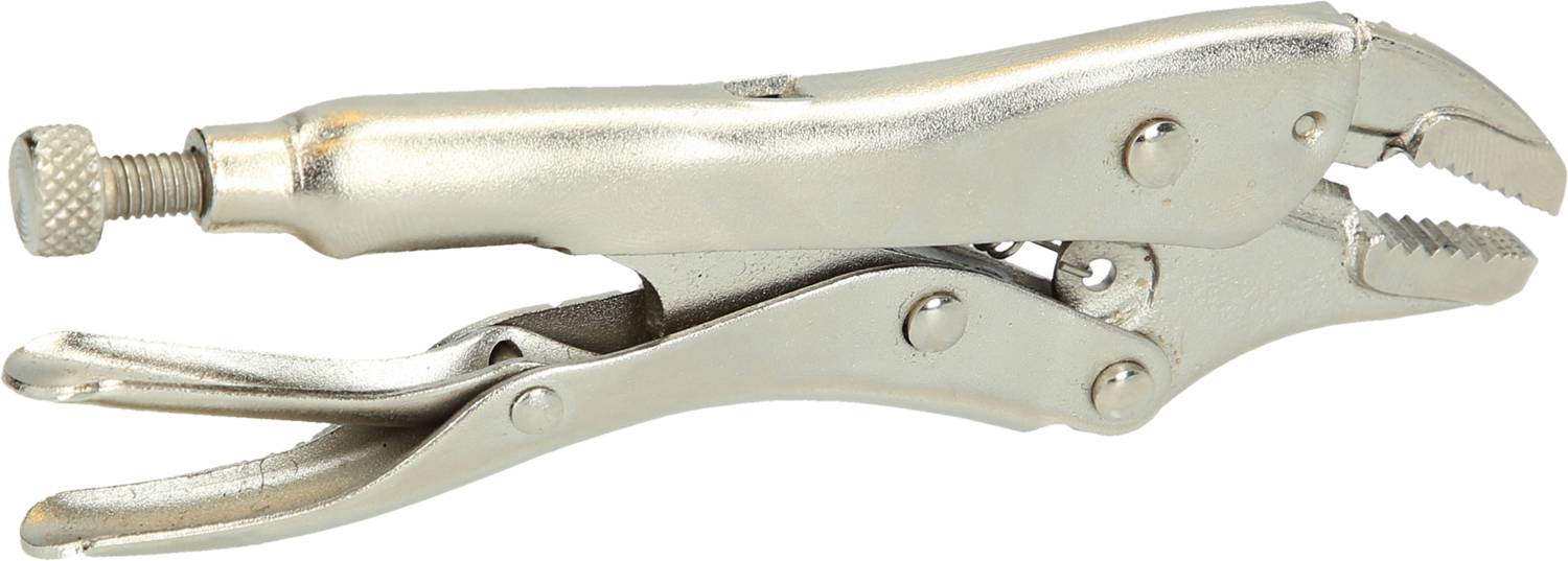 A silver grip pliers with adjustable screw mechanism, suitable for gripping and securing various objects.