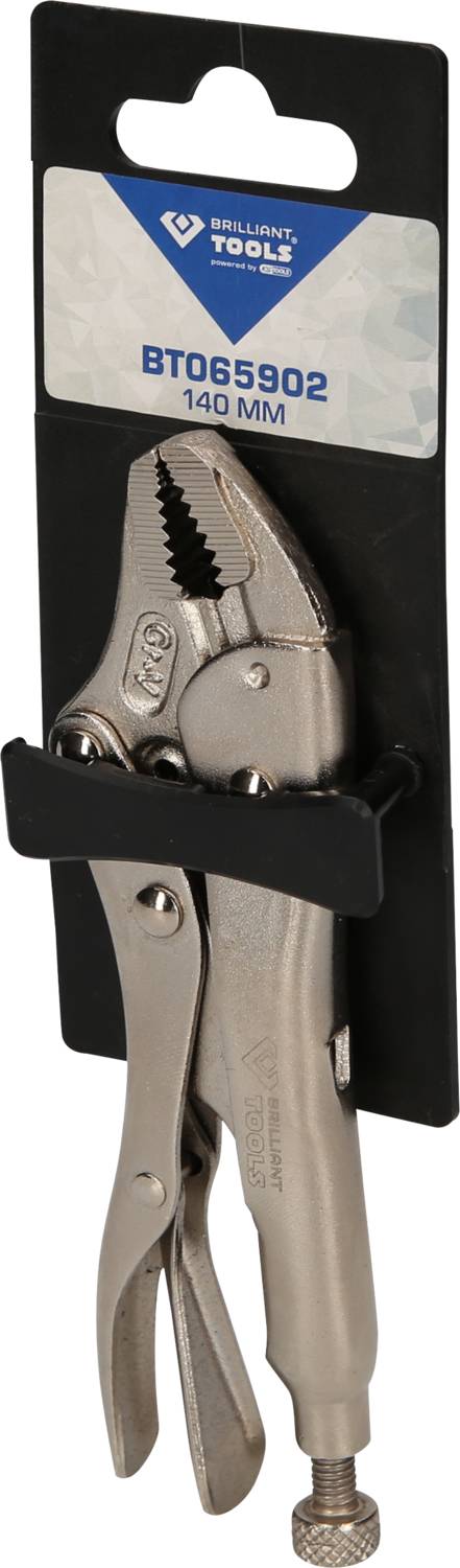 'Brilliant Tools' Locking Pliers in Packaging, 140 mm, Silver Metal, Handle and Screw Visible, Product Number BT065902.