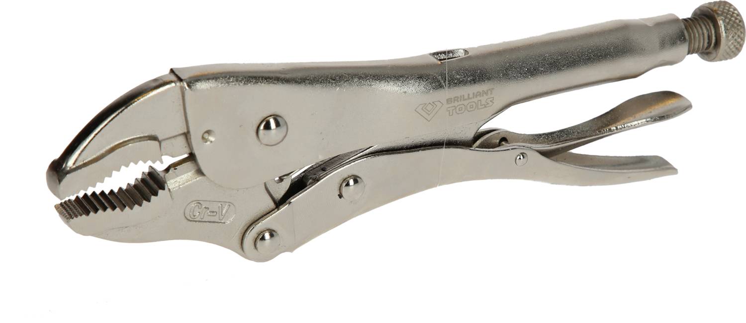 Metal locking mechanism with serrated jaws, known as a locking pliers, primarily used for holding objects.