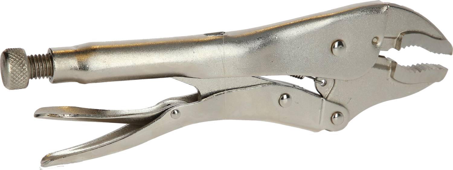 Metal locking pliers with adjustable handle and serrated jaws. Used for gripping and clamping objects.