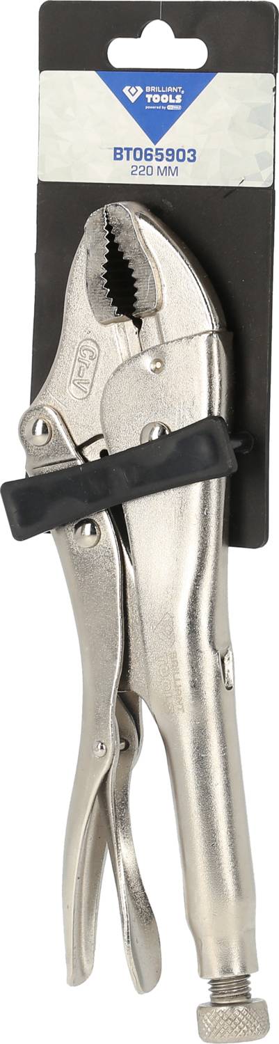 Adjustable metal pliers with black rubber grip, packaged in a cardboard box marked '220MM'. Ideal for workshop tasks.