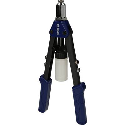 Hand riveting pliers in blue and black, with a white container in the middle, suitable for various riveting tasks.