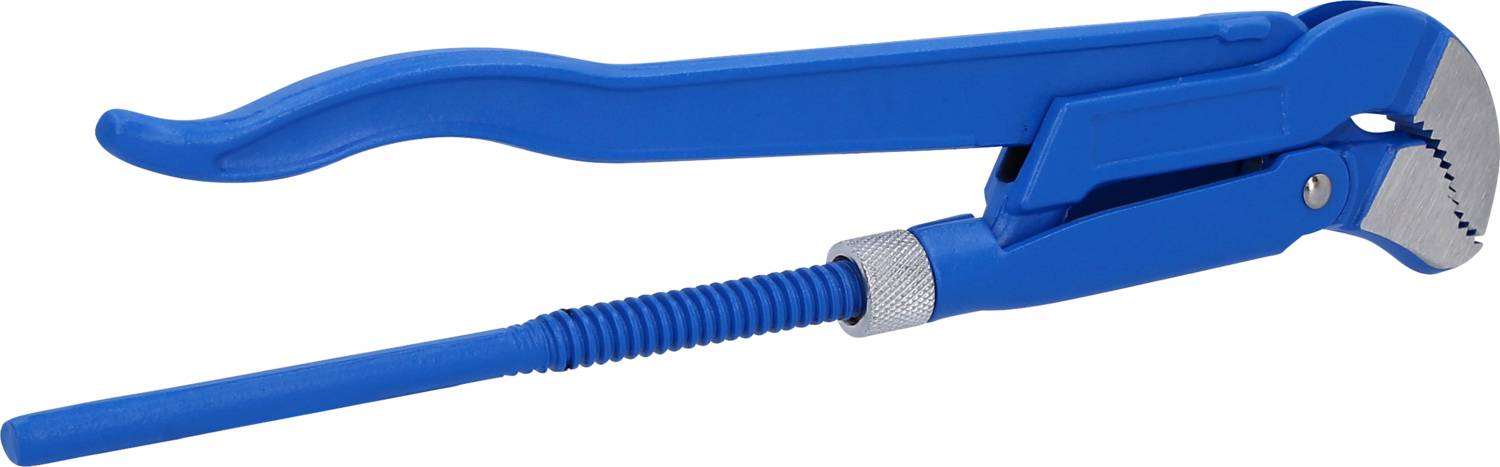 A blue pipe wrench with a serrated gripping head and long lever arm, used for gripping pipes of varying sizes.