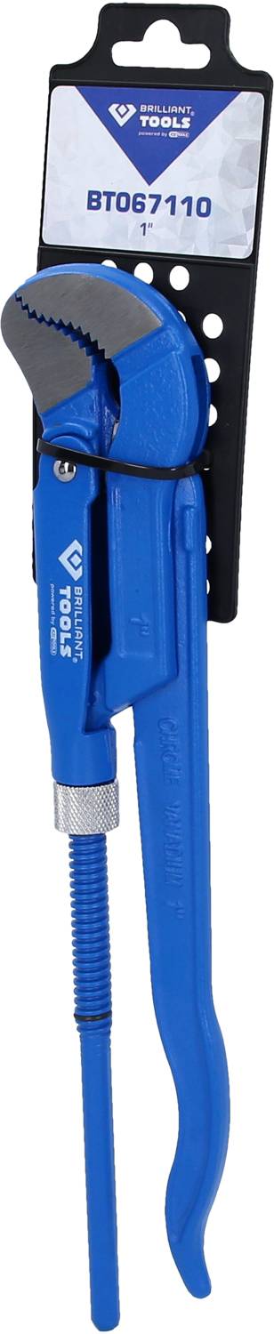 Blue adjustable pipe wrench with an adjustable jaw and label for product identification.