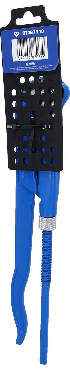 Blue plastic pipe cutter in packaging. The upper section has a label with a barcode and model number.