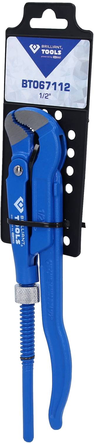 Pipe wrench in blue steel with adjustable handle, packaged on a black card with item number 'BT067112 1/2'.
