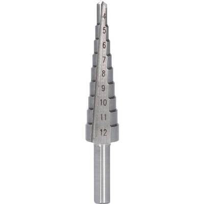 A silver stepped drill bit with etched numbers from 4 to 12, showing various drill diameters for precision applications.