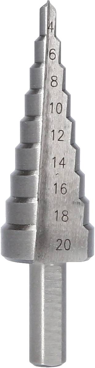 A stepped metal cone drill with markings from 4 to 20. The drill has graduated diameters for different hole sizes.