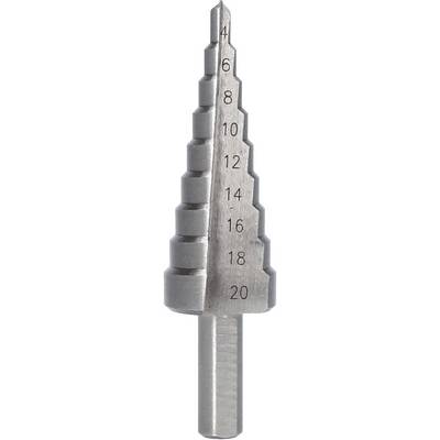 A stepped metal cone drill with markings from 4 to 20. The drill has graduated diameters for different hole sizes.