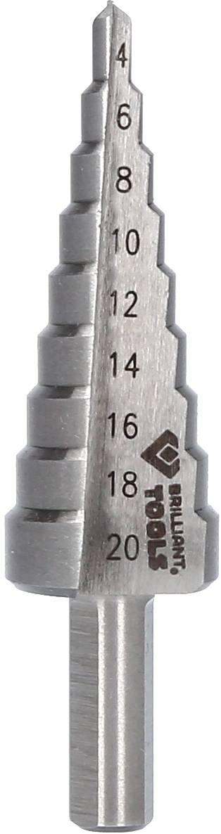 Metal step drill bit, with markings from 4 to 20 millimetres, enables precise drilling of various hole sizes.
