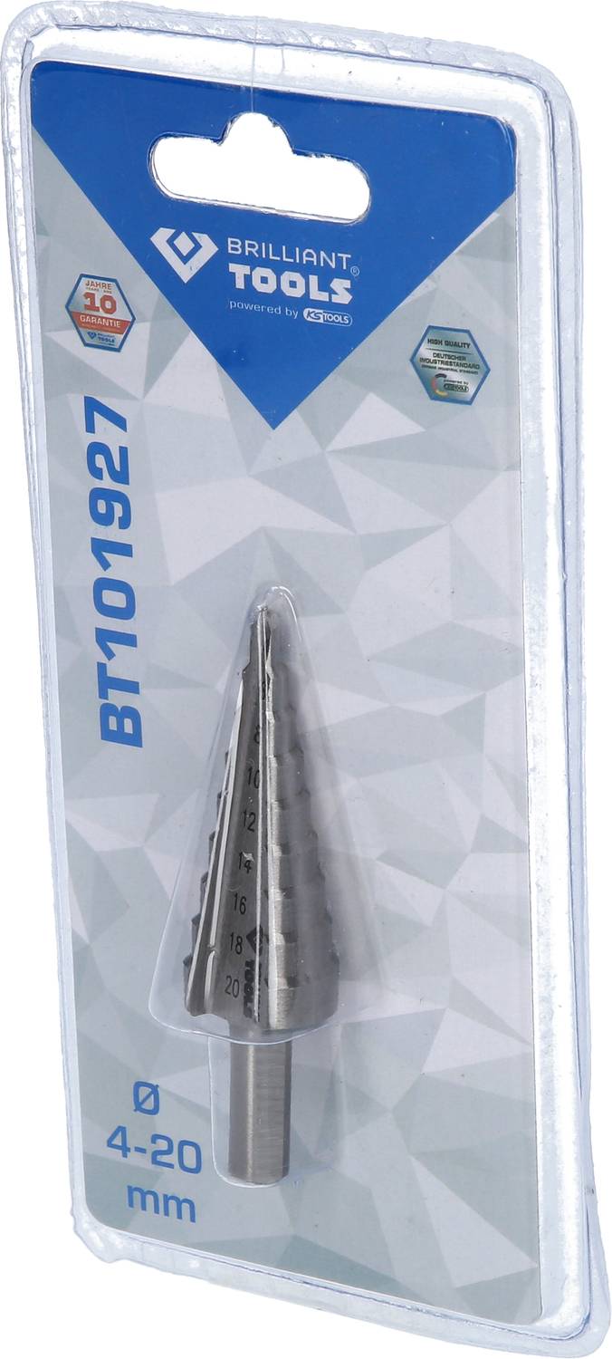 Packaging for a tapered step drill bit by 'Brilliant Tools', model number BT101927, with size range 4-20 mm.