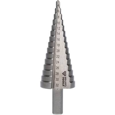 Metal step drill bit with engraved sizes ranging from 4 to 32 millimetres, with 'Brilliant Tools' logo visible on the side.