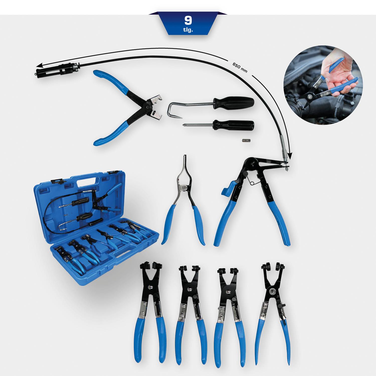 'Set of 9 blue vehicle pliers with various shapes and functions, ideal for workshop work, shown in an opened toolbox.'