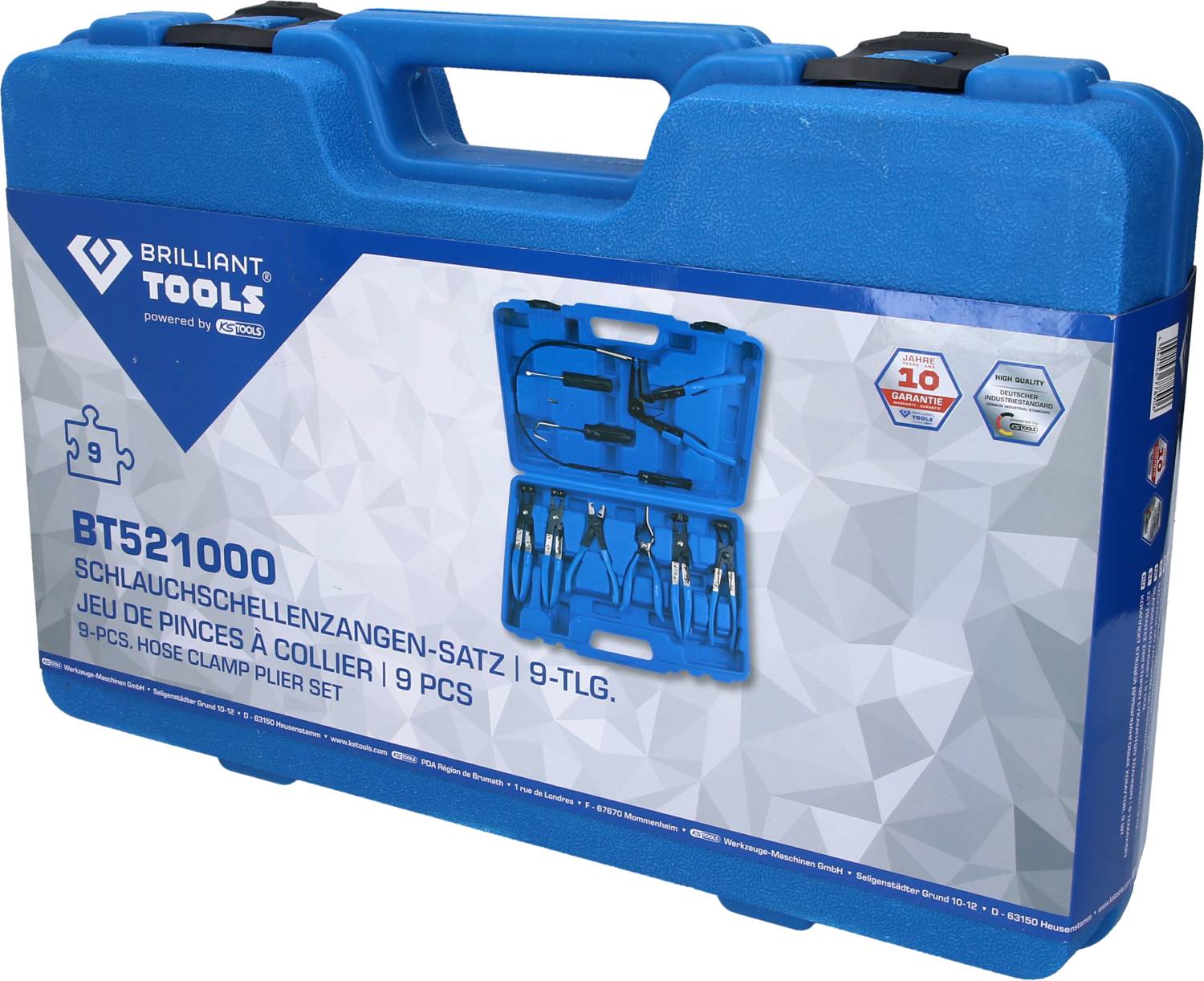 A blue tool case with the inscription 'Hose Clip Pliers Set 9-piece'. Contains various pliers, image of the pliers printed on it.