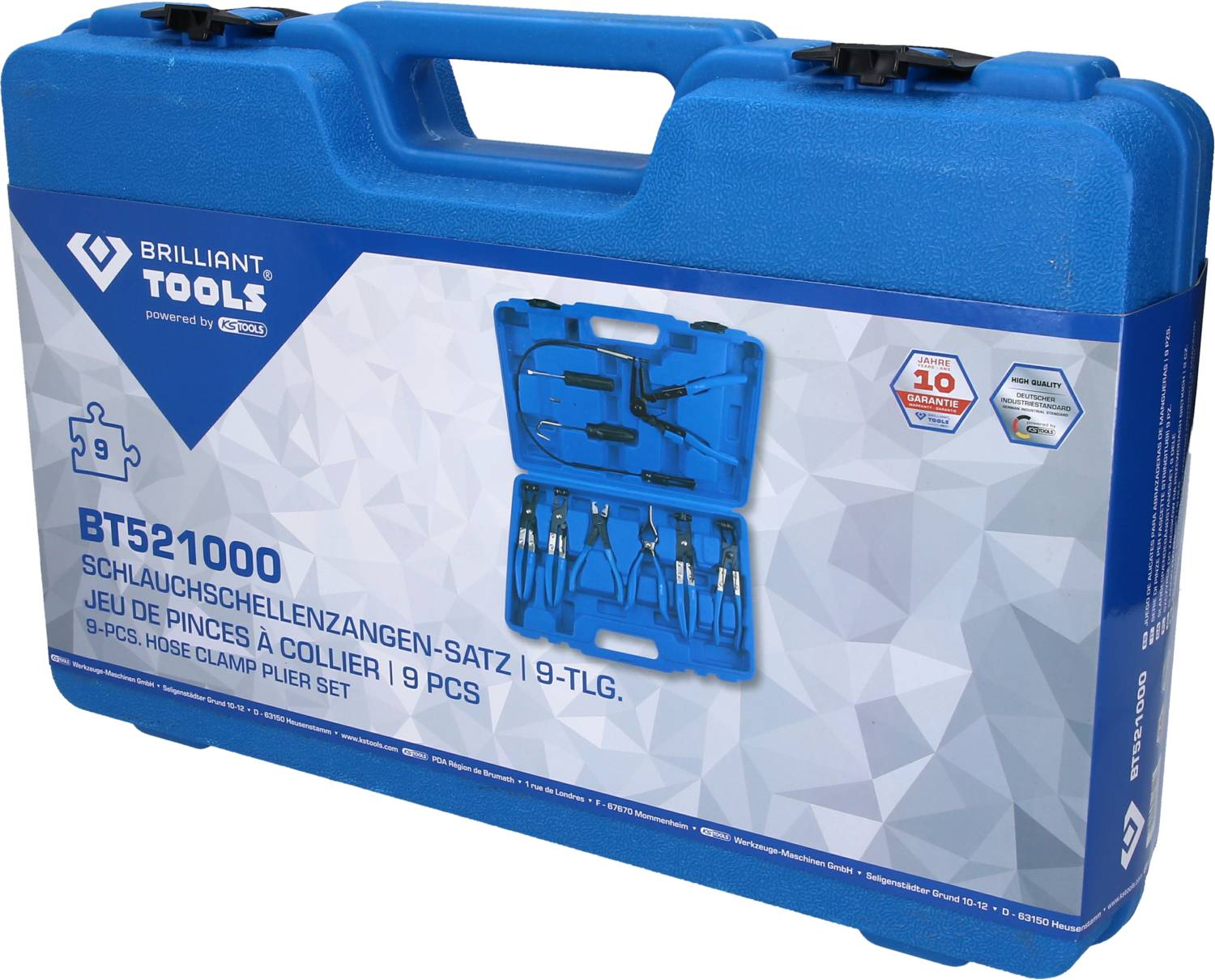 Blue case with inscription 'Brilliant Tools BT521000 Hose Clip Pliers Set, 9-piece' and picture of contents: Pliers set.