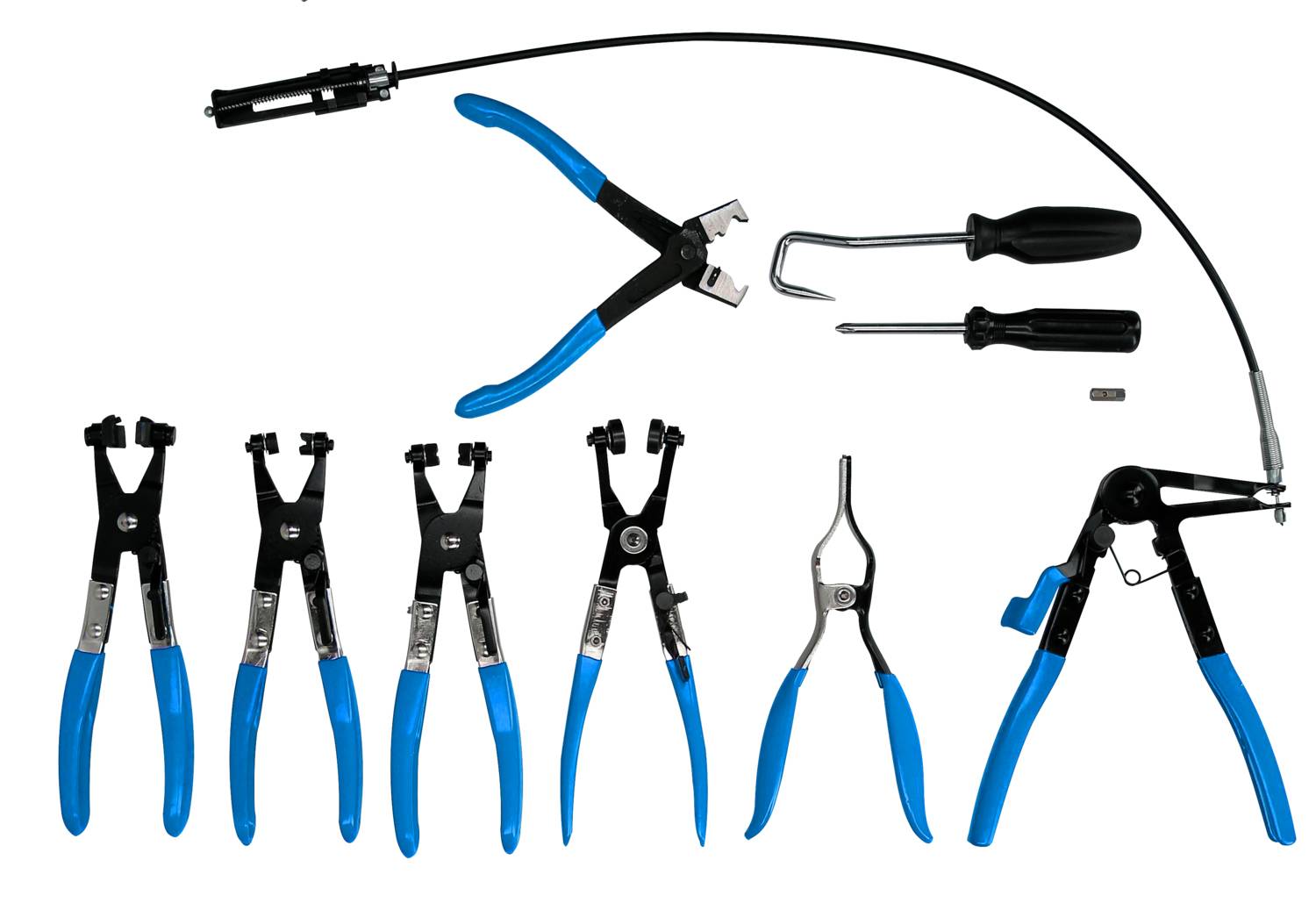 Several clamp pliers with blue handles in various shapes and sizes, along with accessories, on a white background.