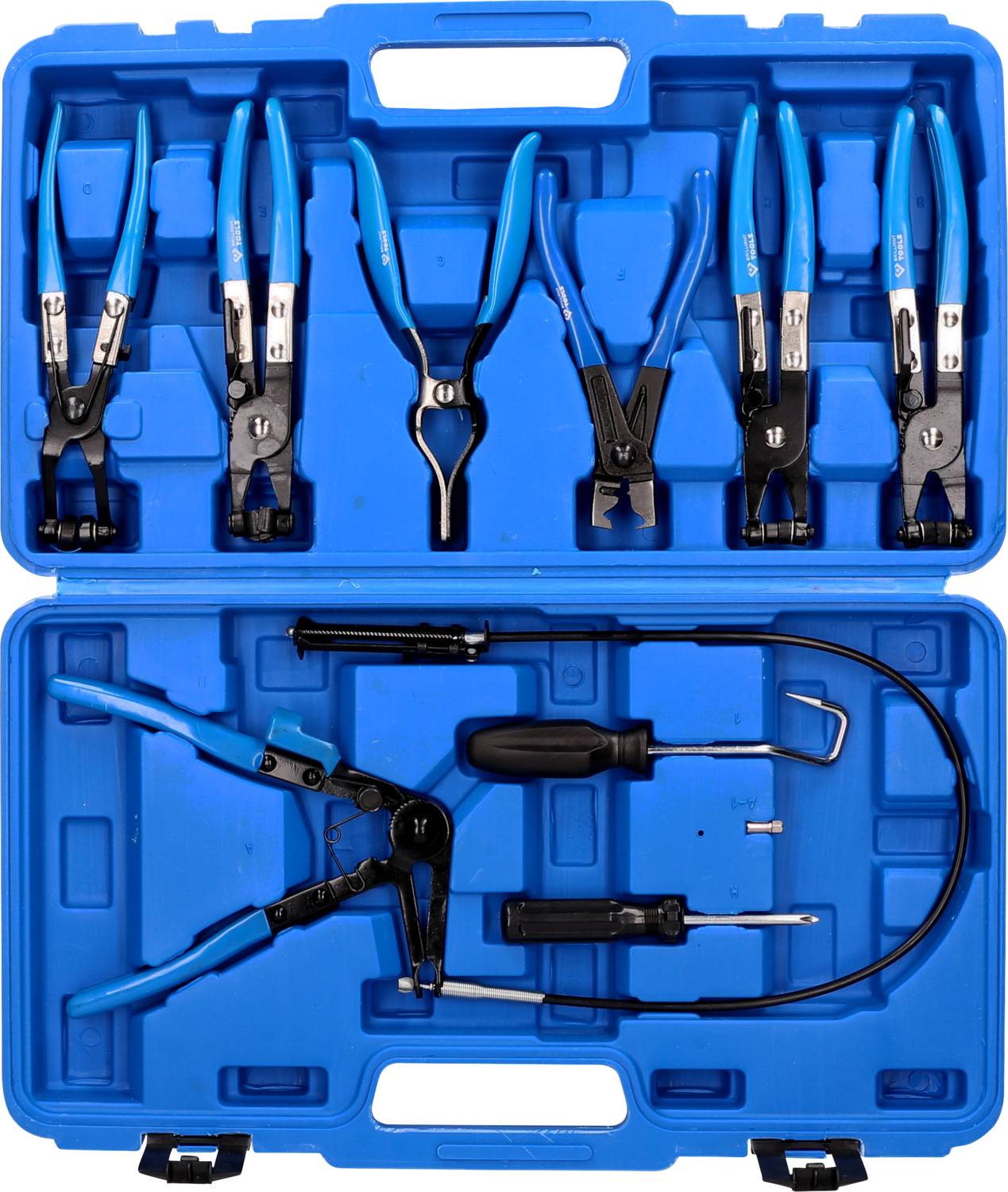 'Tool case with various pliers and screwdrivers, pliers included: Six different types, screwdrivers: Two.'