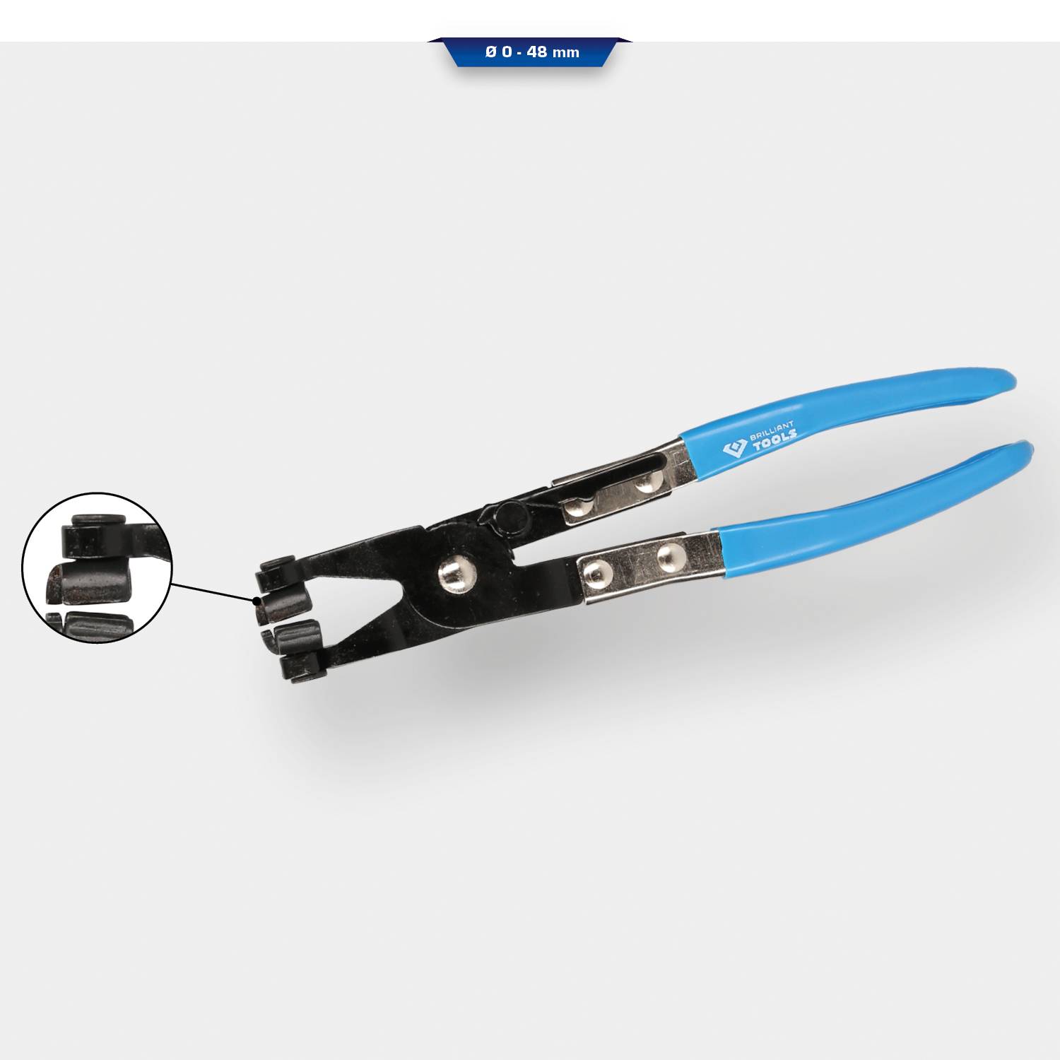 Pliers with blue handles; detailed view of the cutting head shows the cut of a fine, black cable.