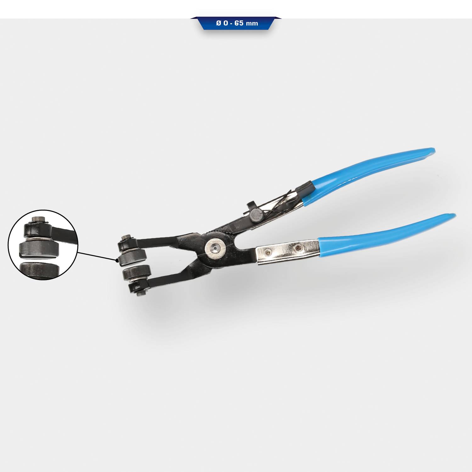 Pliers with blue handles, specifically designed for removing O-rings. Close-up shows the gripping mechanism.