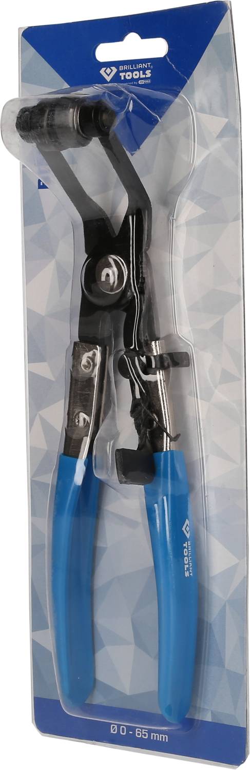 Packaged pliers with blue handles, 18 to 65 mm, on a blue geometric background. Primary tool for removing brake springs.