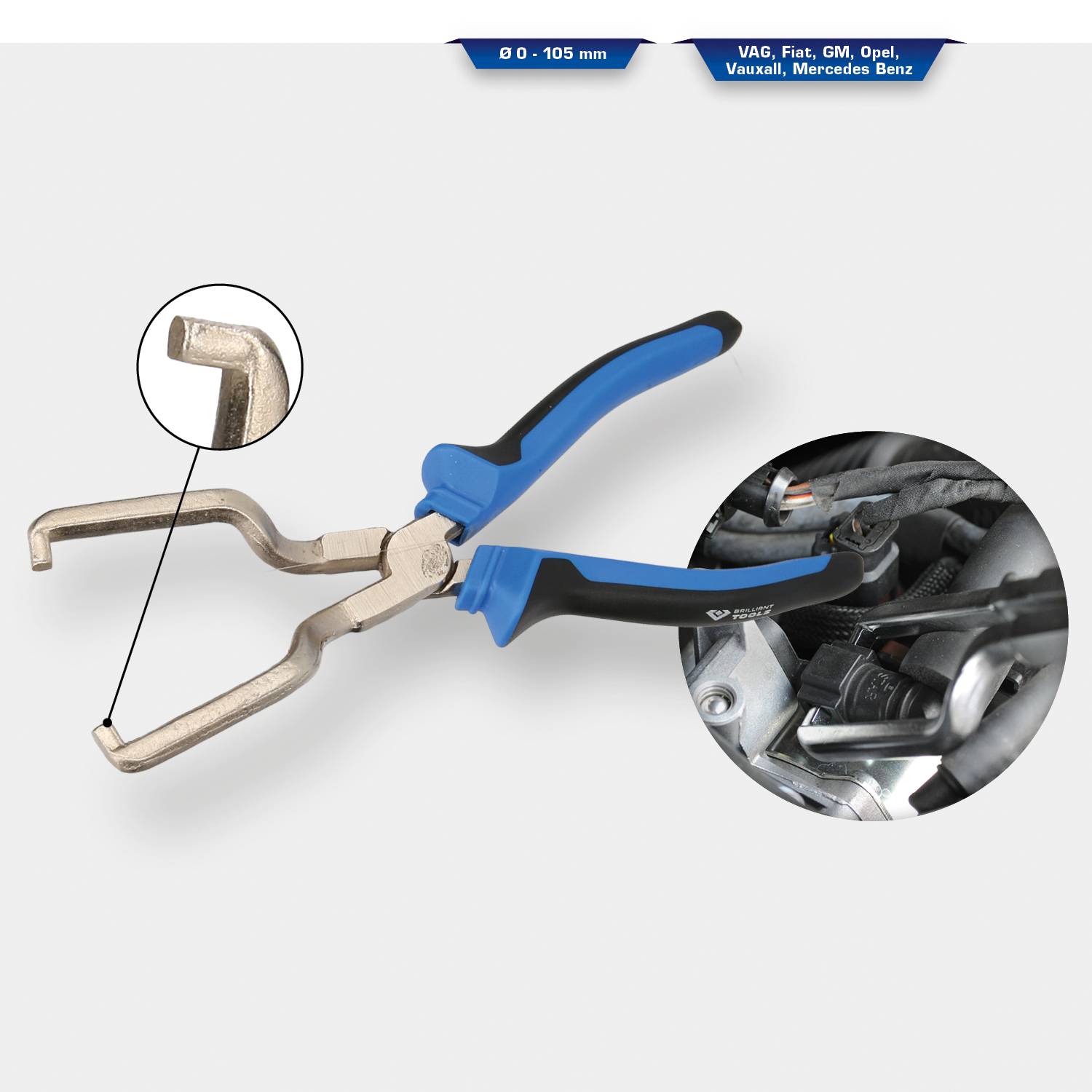Pliers with blue-black handles, detailed close-up of the gripping head. Used in automotive applications.
