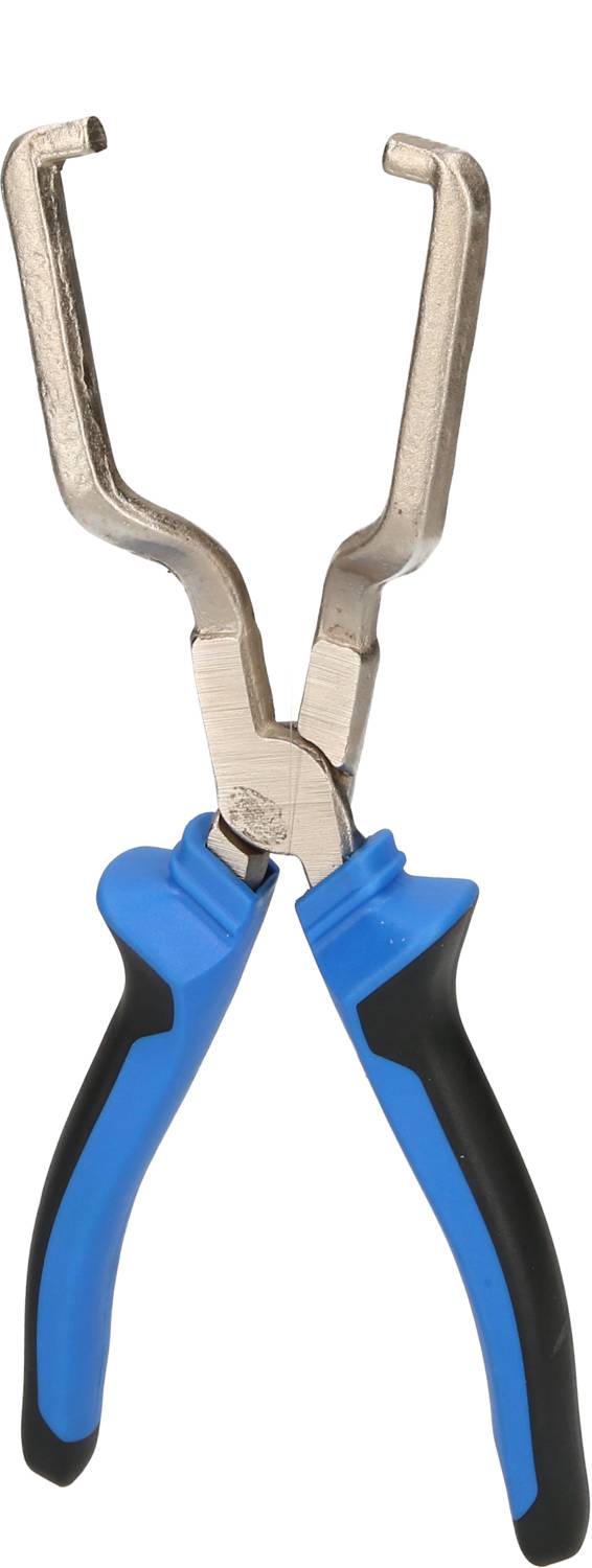 Pliers with blue and black handles, opened and pointing upwards. Suitable for gripping and holding objects.