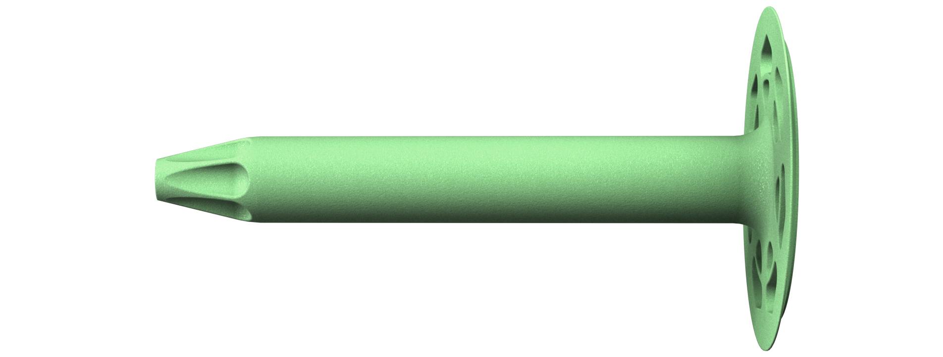 Green metal wall anchor with a tapered hollow tip and a wide flanged head, shown side view on a white background.