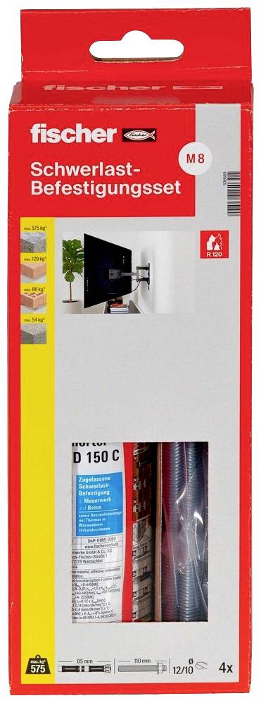 A red and yellow packaging for a Fischer heavy-duty fixing set, M8 size, with an image of a wall-mounted TV bracket. Contains fixing screws.