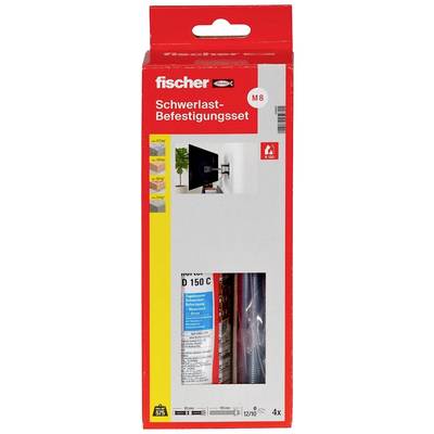 A red and yellow packaging for a Fischer heavy-duty fixing set, M8 size, with an image of a wall-mounted TV bracket. Contains fixing screws.