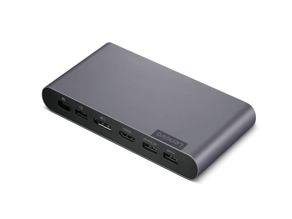 A grey, rectangular electronic device with multiple ports, including USB and HDMI, used for connectivity.