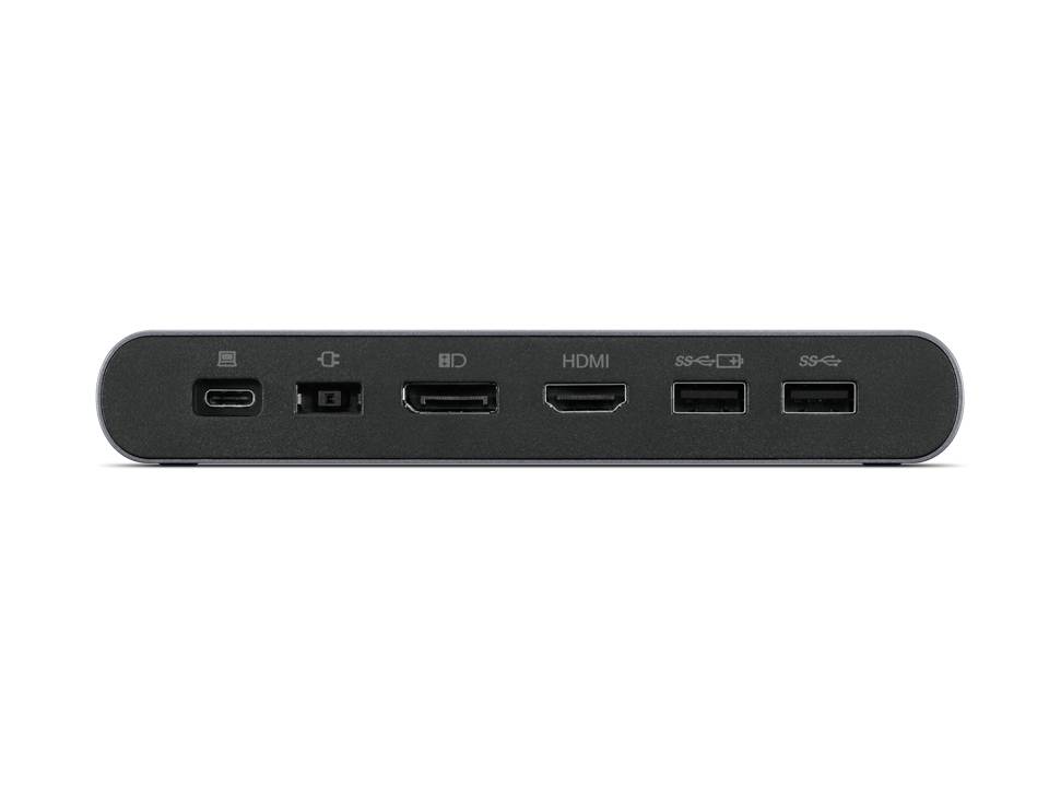 A black connection hub with multiple ports: USB-C, Ethernet, two HDMI ports and two USB ports, arranged in a row.