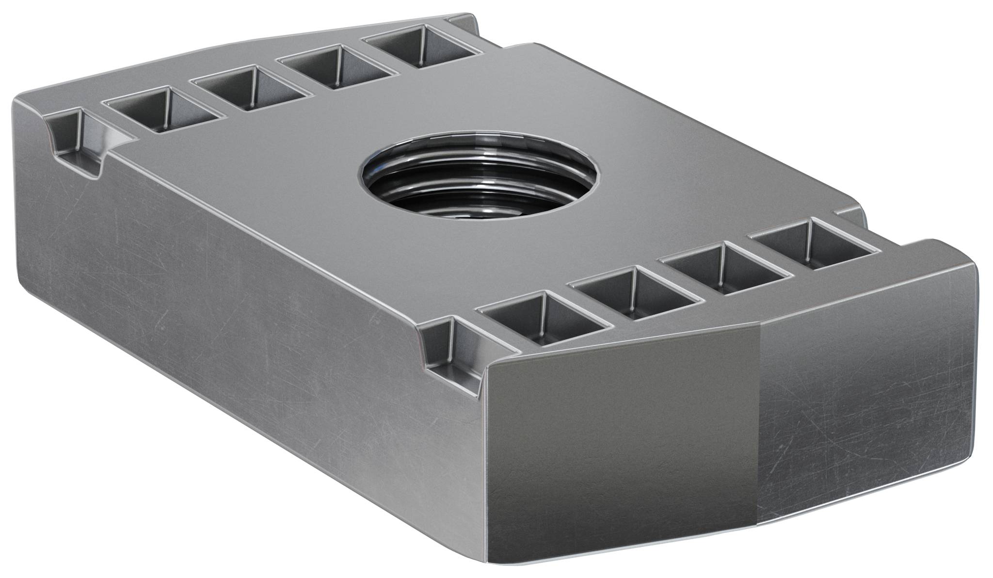 Metal rectangular block with a threaded circular hole in the center and rows of recessed slots along the top edges.