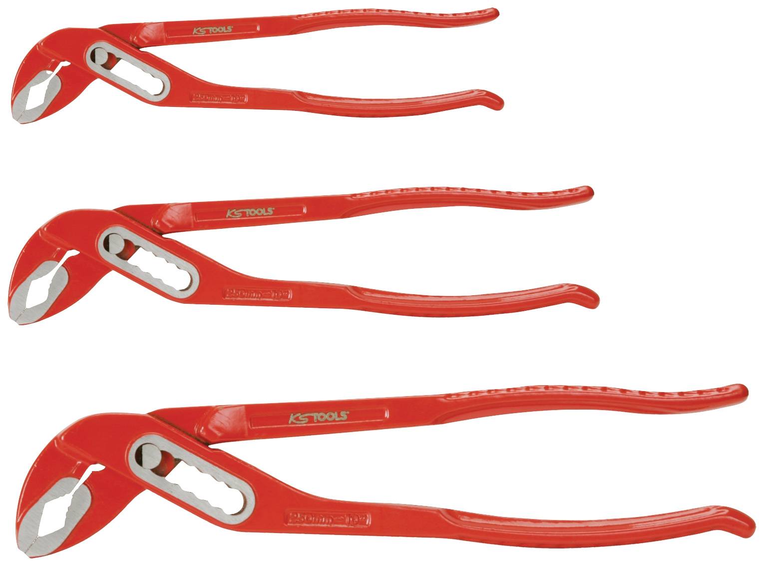 'Three red pipe wrenches in various sizes. The wrenches have curved handles and serrated jaws for gripping pipes.'