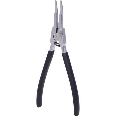A silver pair of pliers with black handles, opened. It has a specialised tip for precise gripping or cutting.
