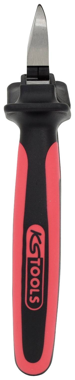 The image shows a red and black tool with a blade, possibly a utility knife.