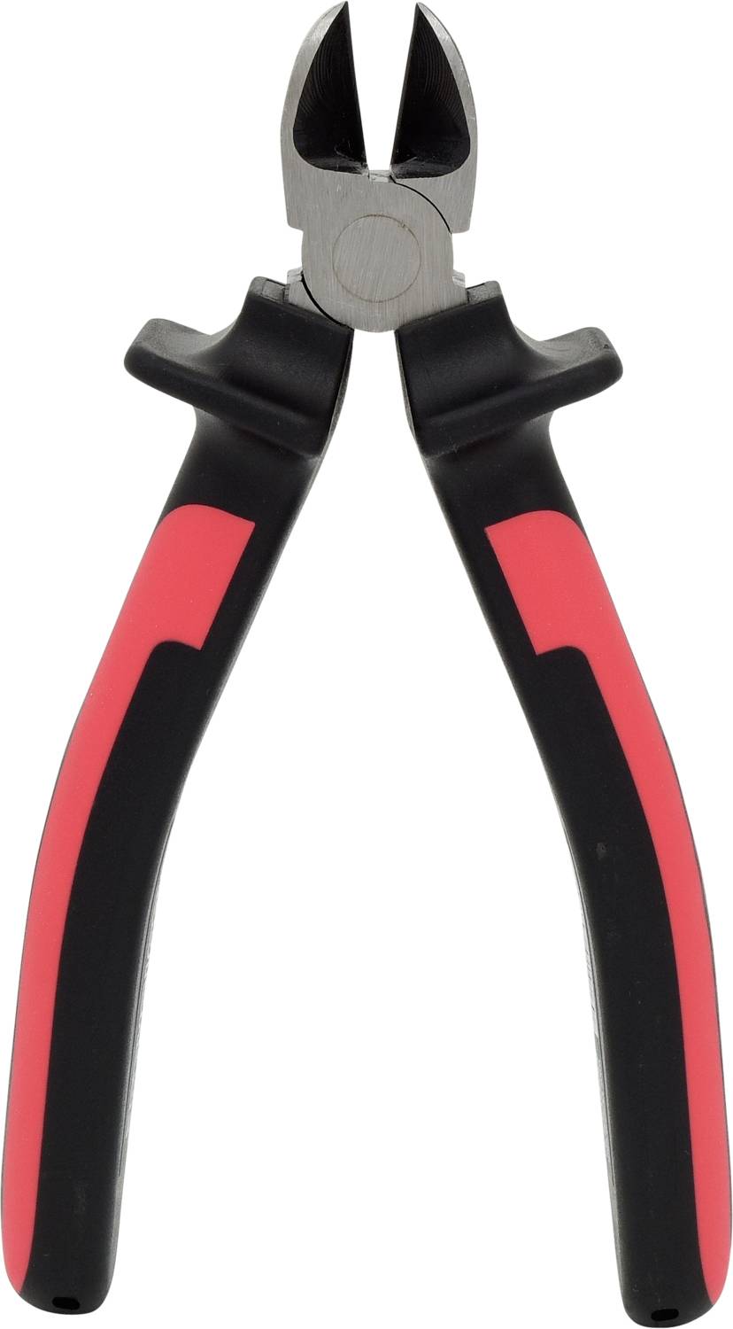 A side cutter with red and black handles in close-up. Ideal for cutting wires and cables.