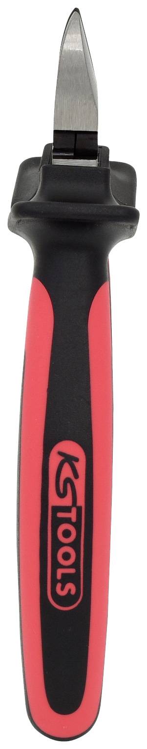 A red and black hand tool with an ergonomic handle and a slim, pointed blade, ideal for precision work.