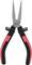 A pair of pliers with black and red handles, featuring pointed jaws. Suitable for precise work such as gripping or bending wire.