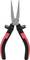 A red and black pointed pliers with serrated gripping jaws, useful for precise gripping and cutting of wires or small objects.