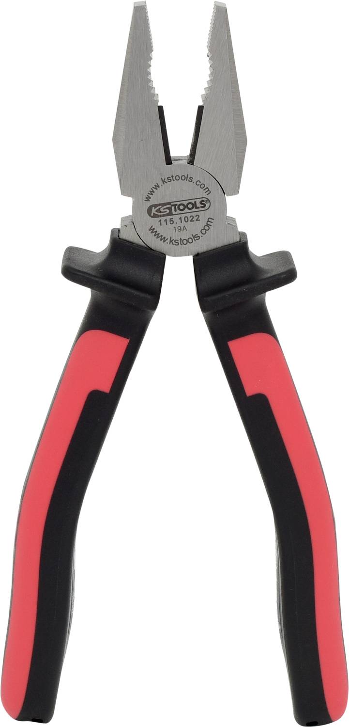 Pliers with a red and black handle, metal tips, and 'KSTOOLS' logo. Used for gripping and cutting wires and cables.