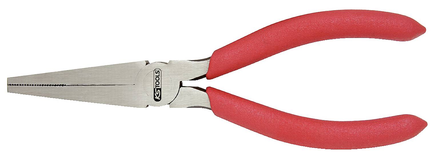 A flat pliers with red handles, made of metal. Suitable for precise gripping and cutting.
