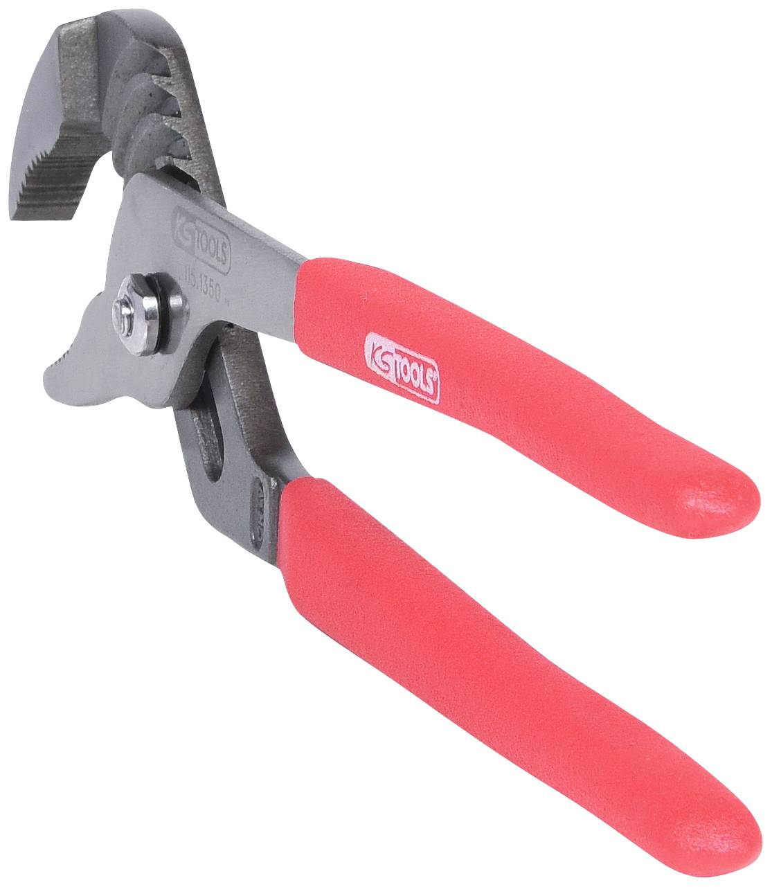 Pliers with red handles, curved jaws.